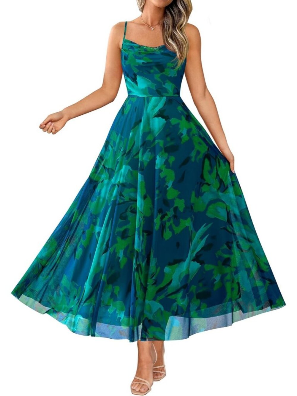 Women's Green Summer Cowl Neck Spaghetti Strap Floral Sundress Maxi Dresses